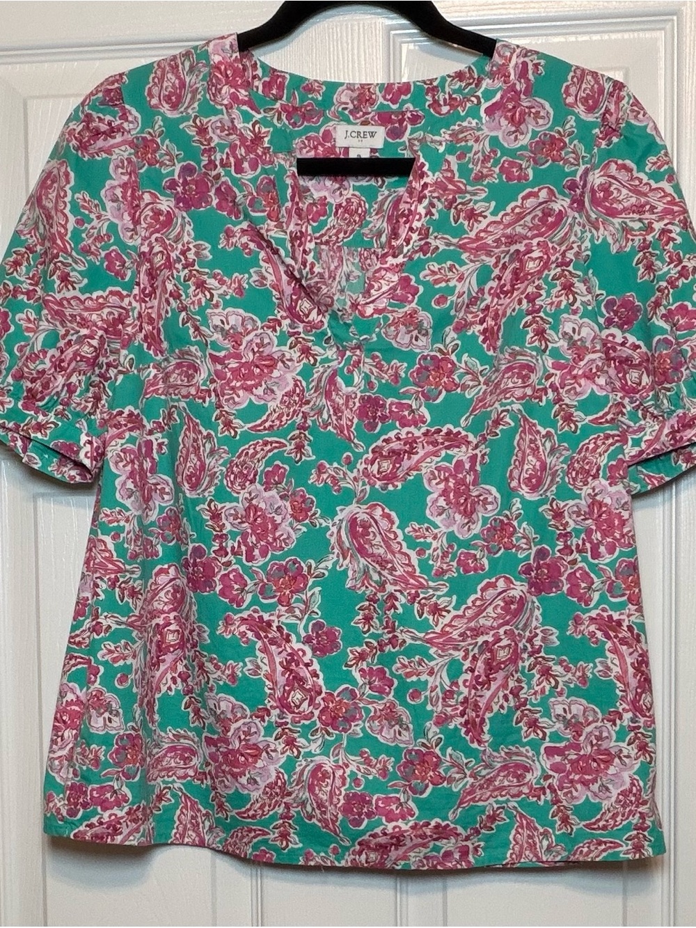 J. Crew Factory Pink Paisley V-Neck Short Sleeve Top on Teal